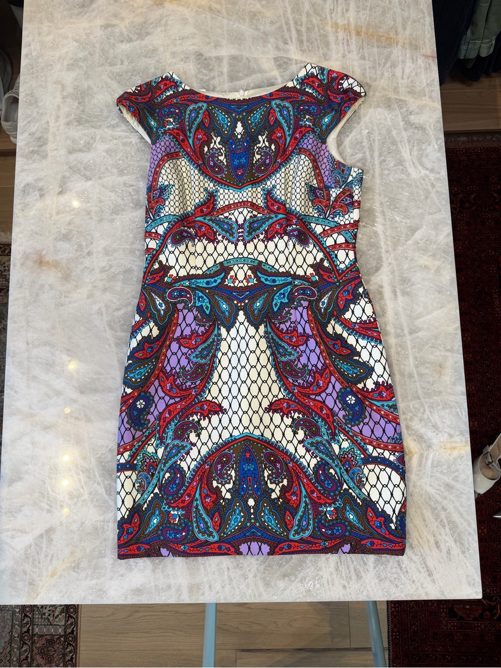 David Meister Multi-Color Paisley Sheath Dress — Red, Blue, Purple, White